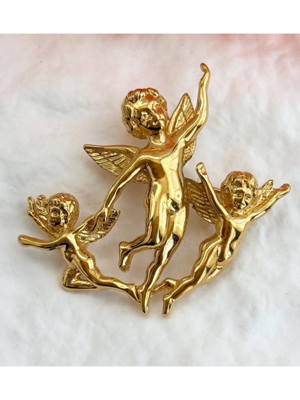 Monet Triple Angel Figural Gold Toned Vintage Costume Jewelry Brooch | Lapel Pin